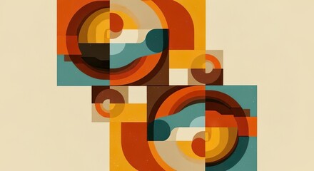 Colorful geometric abstract artwork with retro tones of orange, blue, beige, and brown in overlapping circular and square patterns on a textured background.