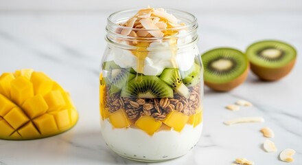 Healthy breakfast parfait in a jar with layers of yogurt, mango, granola, oat meal, kiwi, coconut flakes, and honey on a marble surface with fresh fruit in the background.