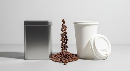Coffee beans spilling between a metallic tin and a empty white takeaway cup with lid, arranged on a clean gray background in minimalist style. Brandless and copy space area. 