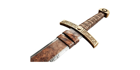 Medieval Sword With Ornate Hilt And Leather Grip. Historical Weaponry And Craftsmanship Isolated On Transparent Background
