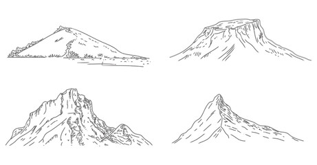 Mountain line art sketches showcasing various mountain terrains