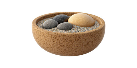 Decorative Bowl With Textured Stones And Sand. Zen Garden And Mindfulness Concept Isolated On Transparent Background