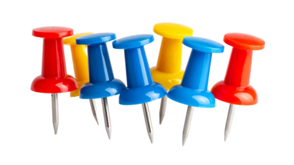 Set of various colors of push pins, isolated on white background.