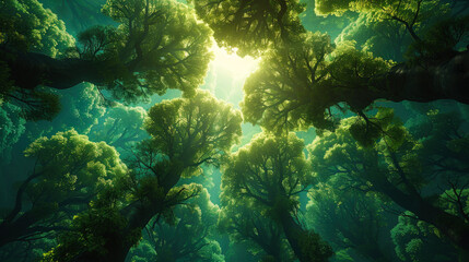 Fototapeta premium Lush green forest canopy with sunlight streaming through tall trees, creating a magical, peaceful, and immersive nature atmosphere. 