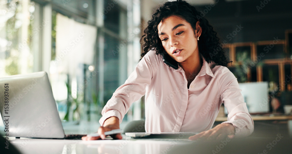 Poster phone call, laptop and planning with business woman in office for networking, schedule manager and c