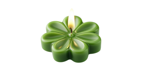 Green Clover-Shaped Candle With Flame. Symbol Of Luck And Tranquility Isolated On Transparent Background