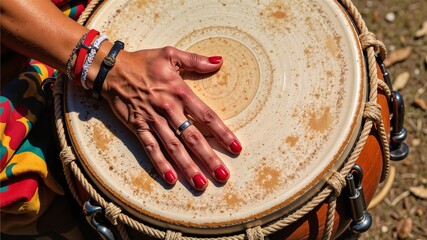 Woman playing conga drum with colorful attire in outdoor setting  