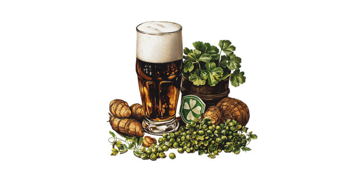 Glass Of Dark Beer With Hops And Clover. Celebrating St. Patrick'S Day And Irish Traditions Isolated On Transparent Background