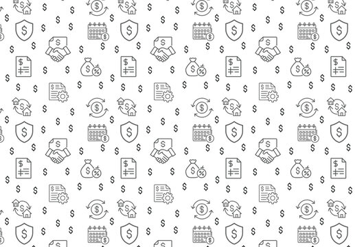  
Loan  seamless pattern design. Containing mortgage, borrow, interest, debtor, credit score, lender, installment, rate, lending and more. perfect flat icon collection.

