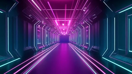 Sci-fi tunnel with glowing pink & teal lights converges into a purple vanishing point - Powered by Adobe