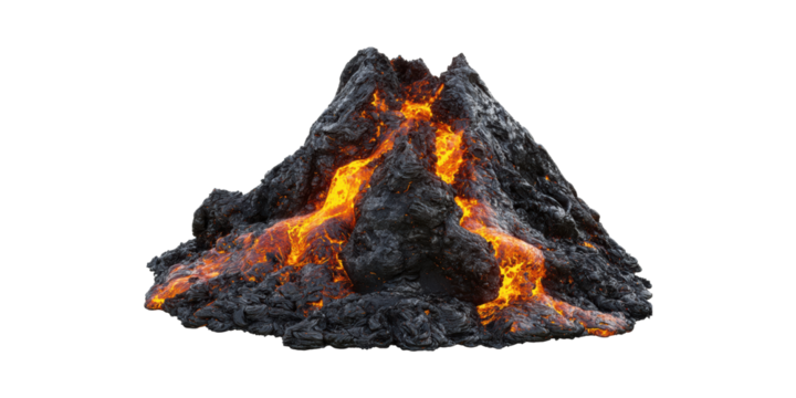 Volcanic Eruption With Flowing Lava. Natural Disaster And Geological Phenomenon Isolated On Transparent Background