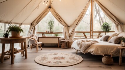 Cozy interior of a glamping tent surrounded by trees. Features a large window with opened flaps, a comfortable bed with white linens