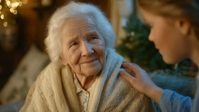 Elderly woman wrapped in a shawl leans slightly toward her caregiver, who places a comforting arm around her shoulder, warm tones in the room