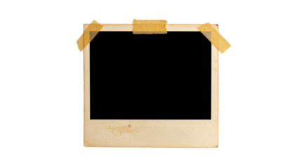 Isolated blank polaroid frame with tape on a black background for design purposes and scrapbooking color full paper texture transparent background