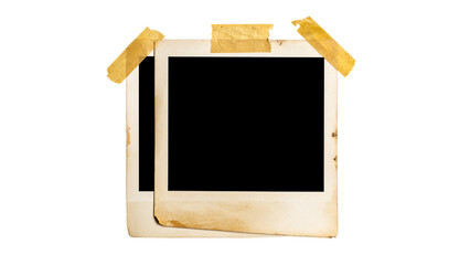 Isolated blank polaroid frame with tape on a black background for design purposes and scrapbooking color full paper texture transparent background
