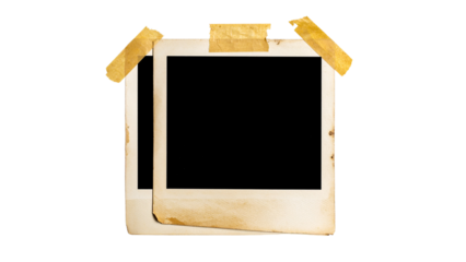 Isolated blank polaroid frame with tape on a black background for design purposes and scrapbooking color full paper texture transparent background