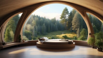 A cozy, circular wooden room with large windows overlooking a lush forest.