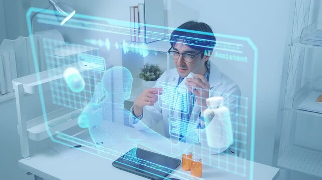 A doctor consults a holographic AI assistant showing patient data and medication, highlighting artificial intelligence in futuristic healthcare, pharmacy assistance, and telemedicine consultation. - Powered by Adobe
