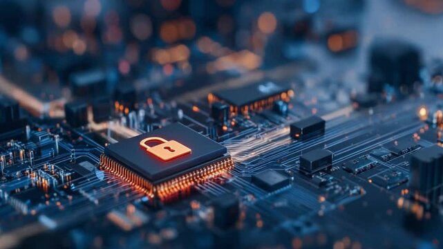 Secure tech system safeguards data Futuristic circuit board graphic shows secure system AI protects healthcare, life insurance info Cybersecurity, data safety key themes Innovative sol
