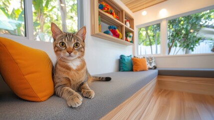 Cozy and inviting cat relaxation area with floating plush cushions and soft lighting, creating a serene and comfortable environment for feline rest and relaxation.