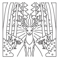 Secret Forest – Bold and Easy Coloring Pages for All Ages | Magical Nature Scenes to Color | Line art vector illustration | Forest Coloring Page | animal coloring page | Print