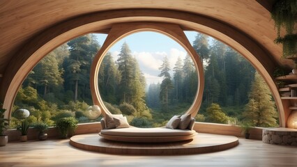A cozy, circular wooden room with large windows overlooking a lush forest.