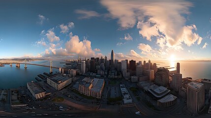 Wide-angle photo of the San Francisco skyline with the Bay Bridge