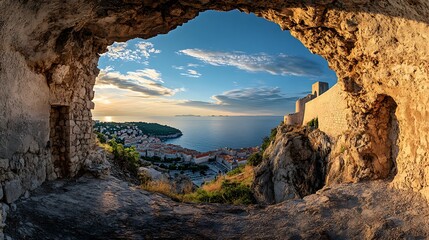 Panoramic view of the Dubrovnik old town walls overlooking the Adriatic Sea