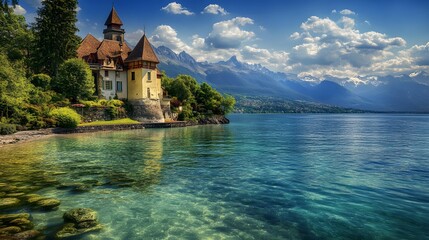 ide landscape of the Lake Geneva shoreline with the Alps in background