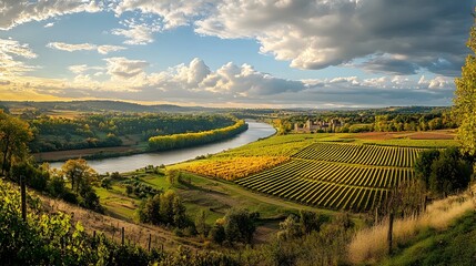 Panoramic photo of the Loire Valley castles with vineyards