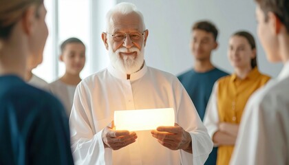 Elderly Man with White Beard Holding Illuminated Object Surrounded by Young People in Bright Room