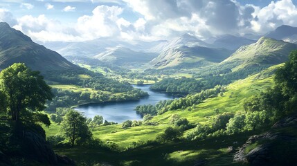 Wide landscape of the Lake District in England with rolling hills and water