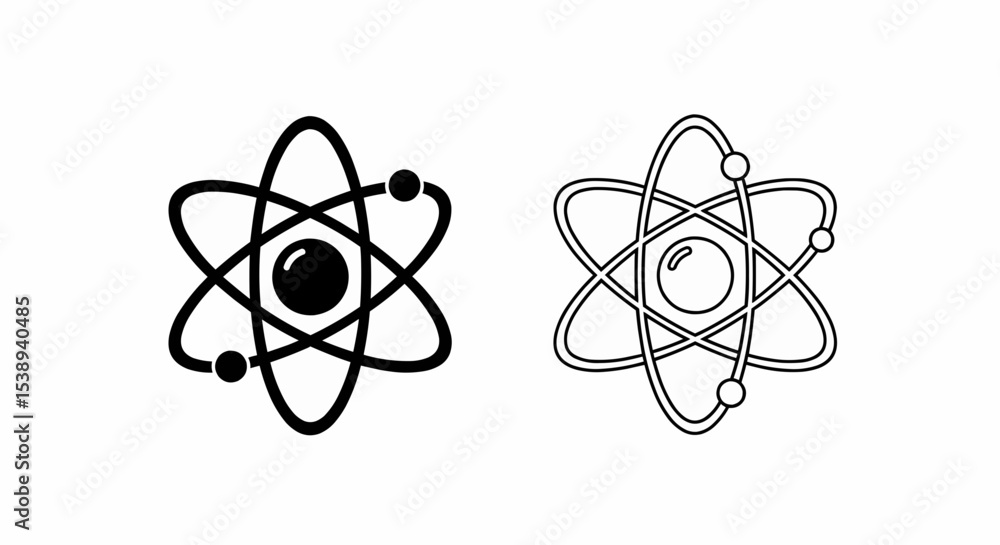 Poster this high-quality vector image features two minimalist atom icons: a solid black nucleus and an outl