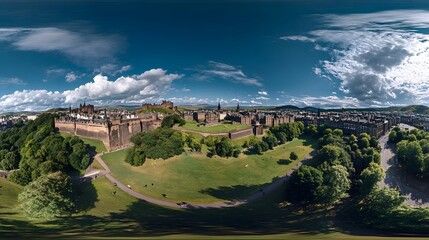 Panoramic capture of the Edinburgh Castle with the cityscape in the background