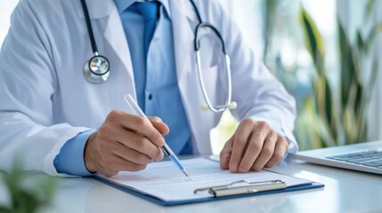 A professional doctor in a medical office environment, focused on writing a prescription for a patient's treatment or medication.
