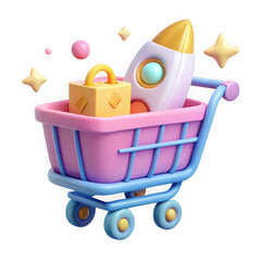 Creative 3d render of a shopping cart containing a rocket and a gift box on black background