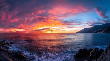 Panoramic photo of the Amalfi Coast sunset with colorful sky