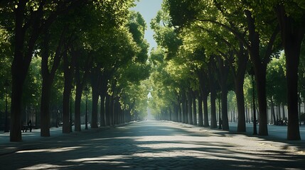 Wide shot of the Champs-Élysées during the summer with lush trees