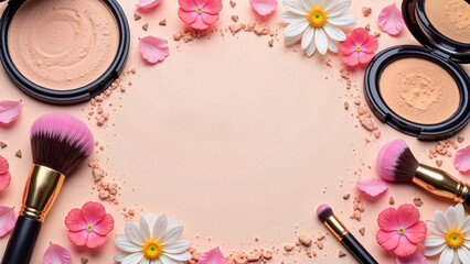 Makeup products surrounded by flowers and brushes on a pastel backdrop  