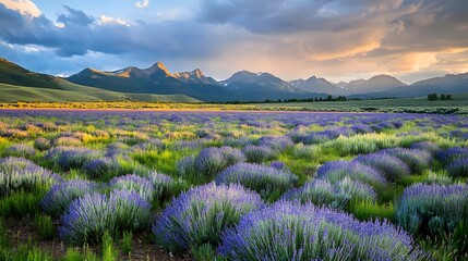 Wide landscape of the French lavender fields with distant mountains