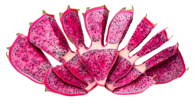 Sliced dragon fruit arranged in a fan shape with seeds clearly visible isolated on transparent background 