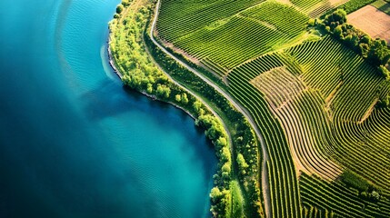 Wide aerial view of the Rhine River winding through vineyards in Germany