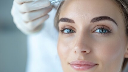 Close-up portrait of a serious-looking female patient undergoing a medical examination or treatment for her visible hair loss condition at a dermatology clinic or healthcare facility.