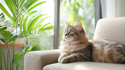 A peaceful and inviting living room bathed in warm sunlight, with a soft, fluffy cat resting calmly on a plush piece of furniture.