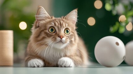 Adorable cats enthusiastically playing and exploring a whimsical indoor environment filled with vibrant, texturized toys and giant rolling balls, promoting creativity and joyful activity.