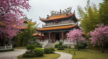 Fototapeta premium Serene Asian Temple Architecture Stunning Buildings and Blossoming Trees