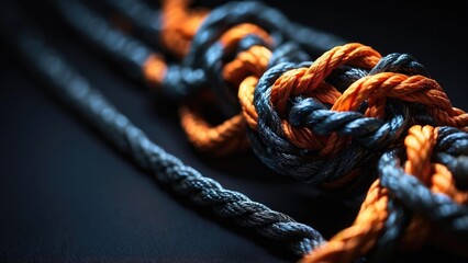 A close-up of a tightly tied knot in a thick, colorful rope