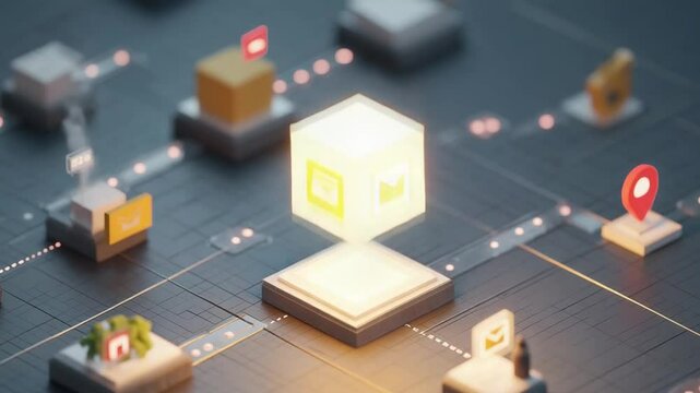D isometric scene of an automation dashboard A glowing mock-up cube is being dropped into a D flow diagram with connected paths to floating action icons email, database, and CRM Futuri