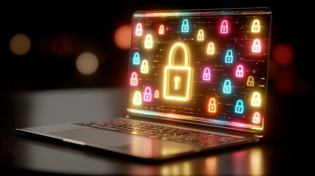 Padlock shield digital lock icon on laptop highlighting cybersecurity and data protection