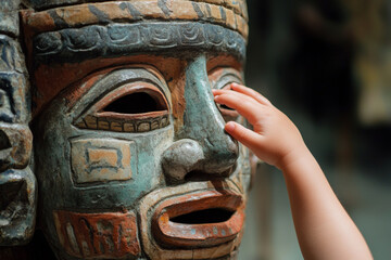 Child explores ancient sculpture in museum with curious touch on the art piece